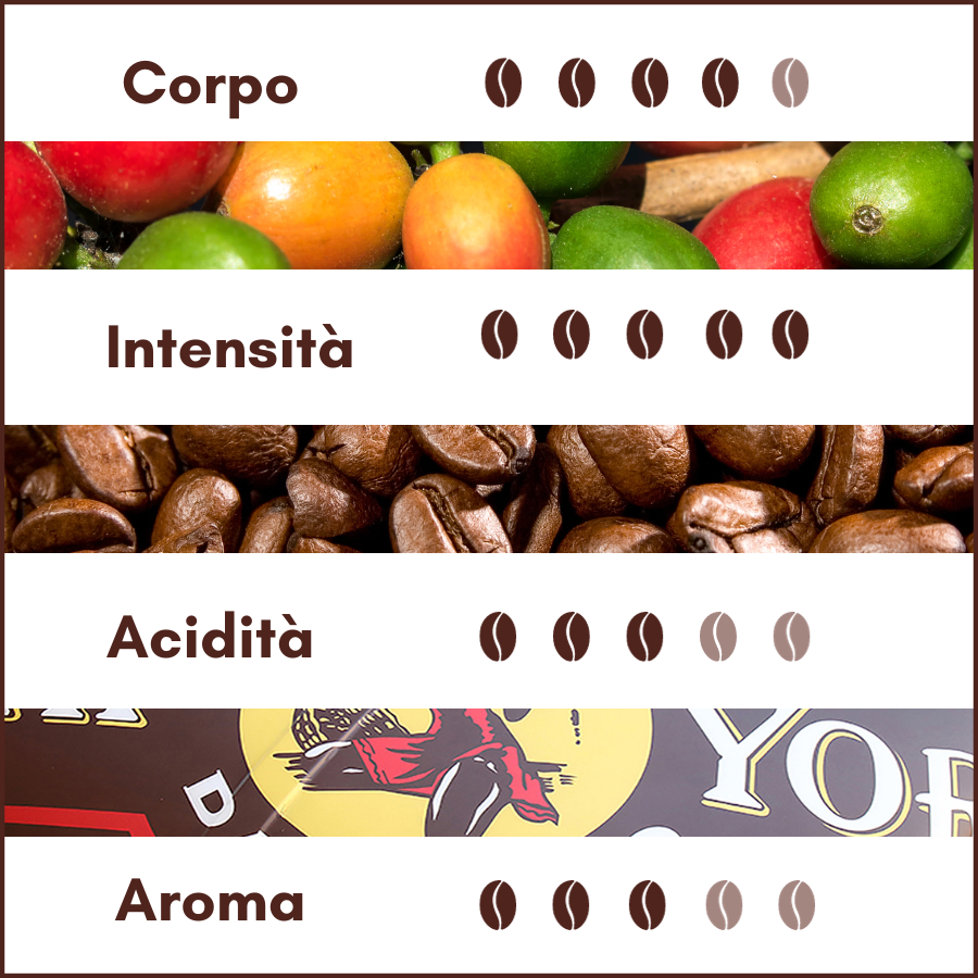 descrizione del profilo gustativo e olfattivo del caffe in grani, miscela xxxx, 80% arabica, 20% robusta