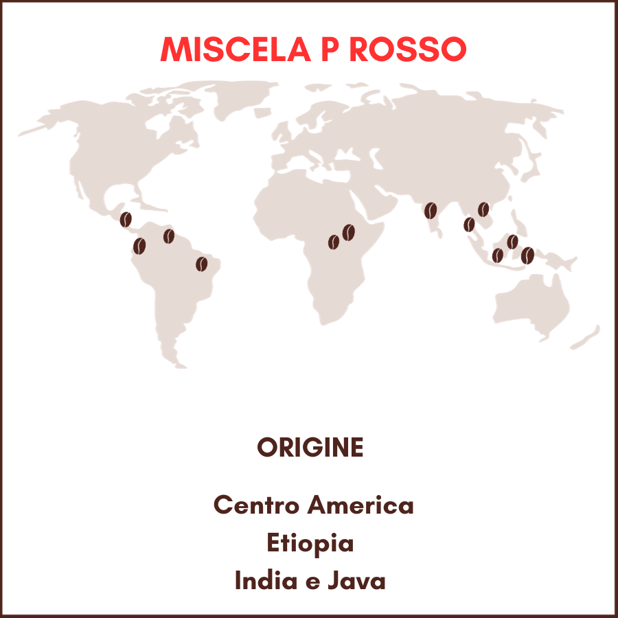 origine della miscela p rosso, arabica dell'etiopia e dal centro america, robusta da Java e India